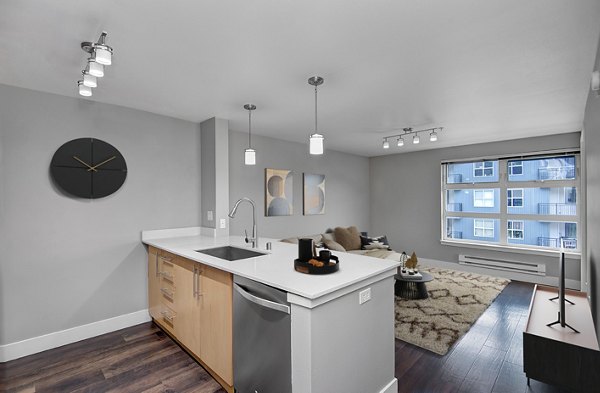 Modern kitchen featuring stainless steel appliances at 1611 on Lake Union Apartments
