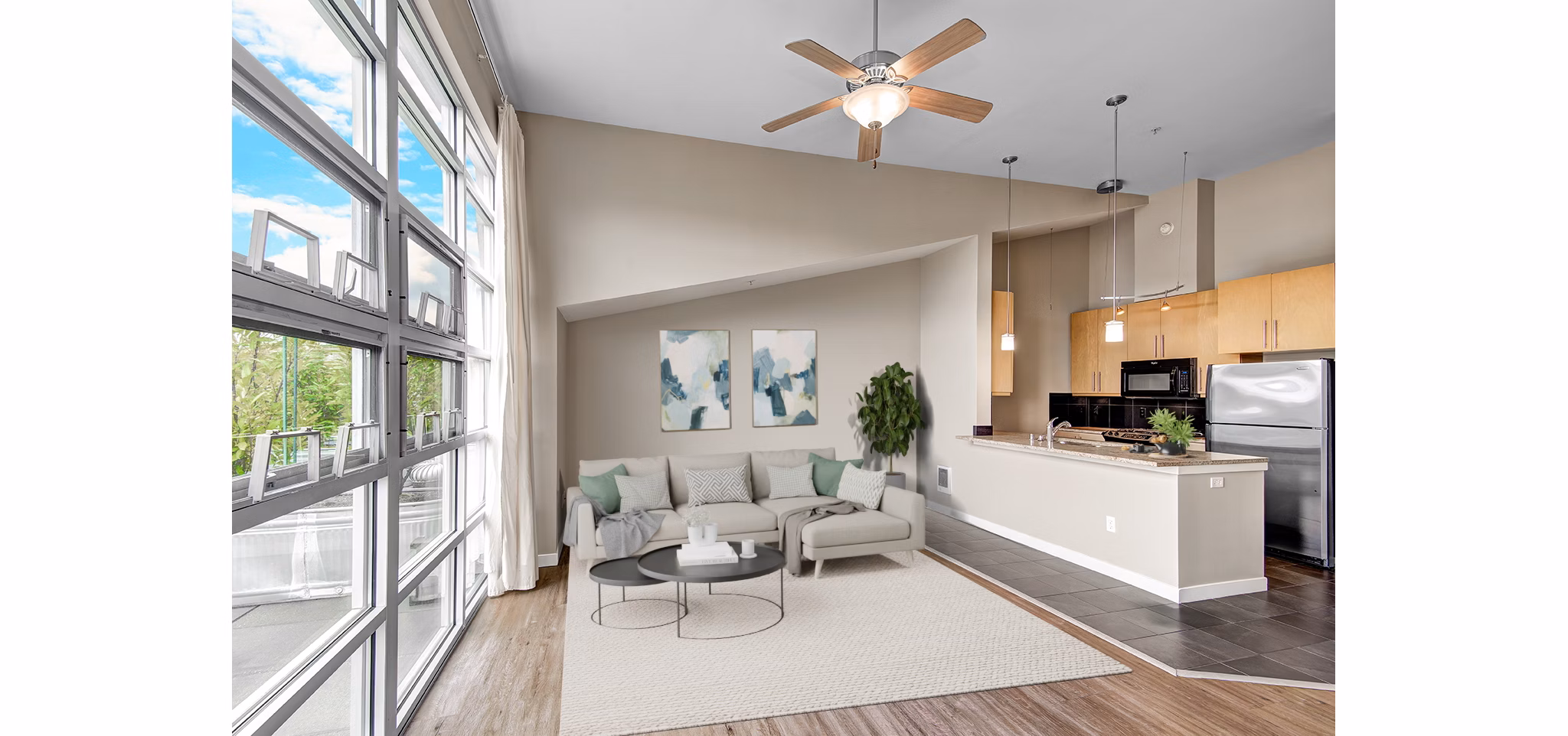Spacious living room with modern decor at 1611 on Lake Union Apartments