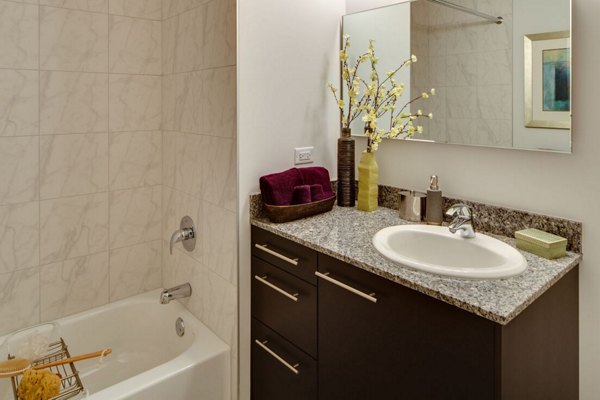 Luxurious bathroom featuring sleek marble countertops at SoNo East Apartments in Chicago