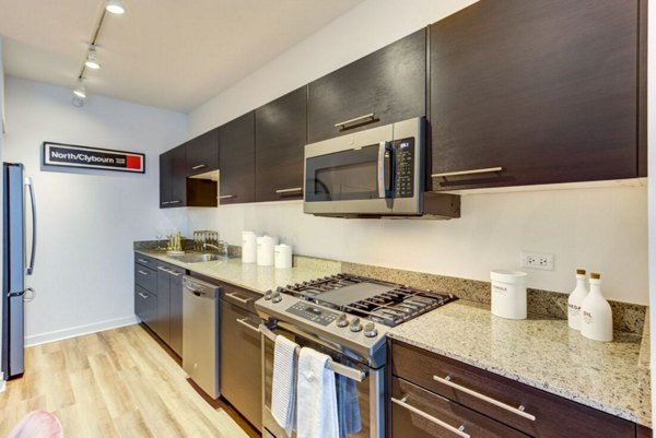 Modern kitchen with stainless steel appliances at SoNo East Apartments, luxury apartments in Chicago