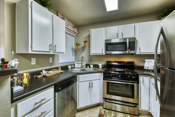 Modern kitchen with stainless steel appliances at Allure at Tempe Apartments