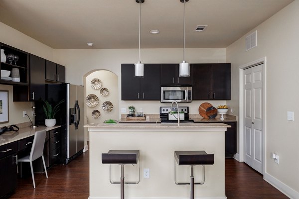 Modern kitchen with stainless steel appliances at Ladera Apartments for luxury living