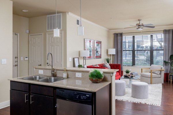 Modern kitchen featuring stainless steel appliances and island at Ladera Apartments, offering luxury living in a Greystar community