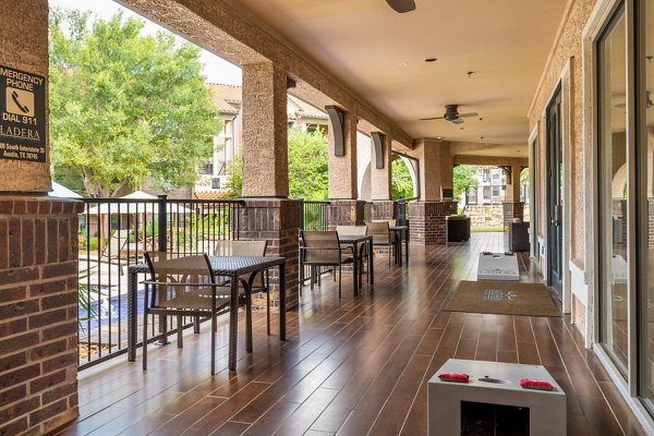 Chic patio with modern furniture at Ladera Apartments, perfect for outdoor relaxation and entertainment