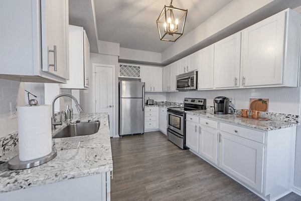 Modern kitchen featuring stainless steel appliances in Barton Creek Villas apartments