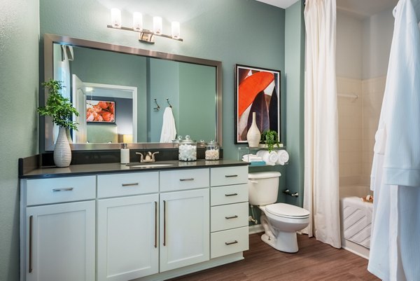 Modern bathroom with sleek fixtures at The Vinoy at Innovation Park Apartments, luxury living by Greystar