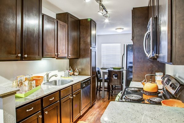 Modern kitchen with granite countertops and stainless steel appliances in Reserve at Garden Oaks Apartments