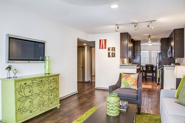 Living room featuring stylish decor and ample natural light in Reserve at Garden Oaks Apartments