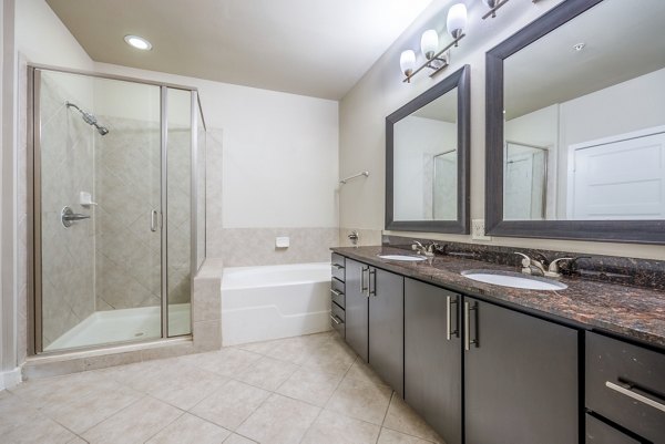 Bathroom with modern fixtures and granite countertops in Tree Apartments