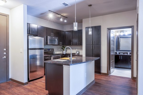 Modern kitchen with sleek countertops and stainless steel appliances at Tree Apartments