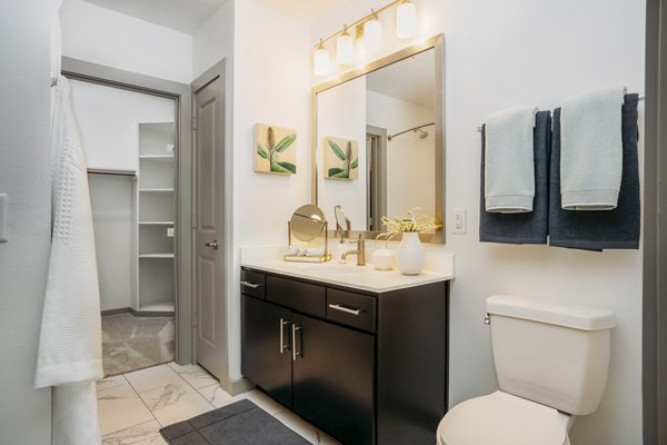 Spacious bathroom with modern fixtures at Lakeshore Pearl Apartments in Austin, designed for luxury and comfort in upscale living