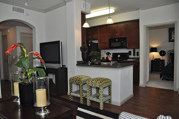 Modern kitchen with stainless steel appliances and granite countertops in Avanti Cityside Apartments