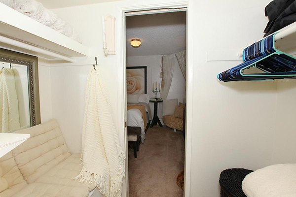 Walk-in closet with wooden shelves at City View Apartments