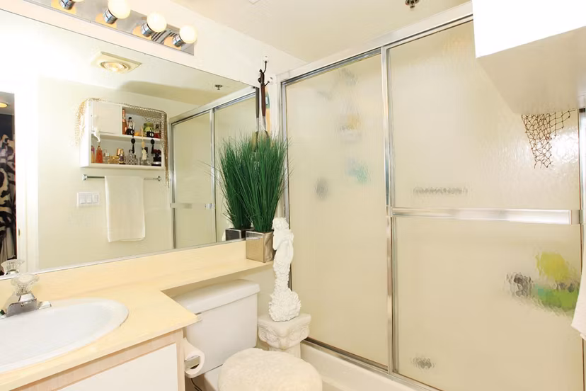 Modern bathroom with marble finishes at City View Apartments, luxury living by Greystar in the heart of the city