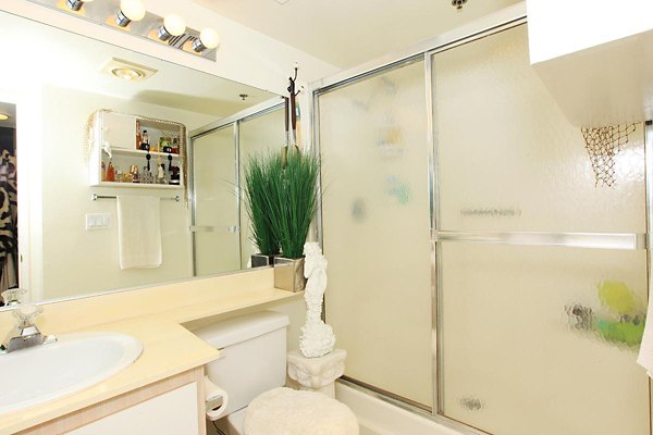 Modern bathroom with marble finishes at City View Apartments, luxury living by Greystar in the heart of the city
