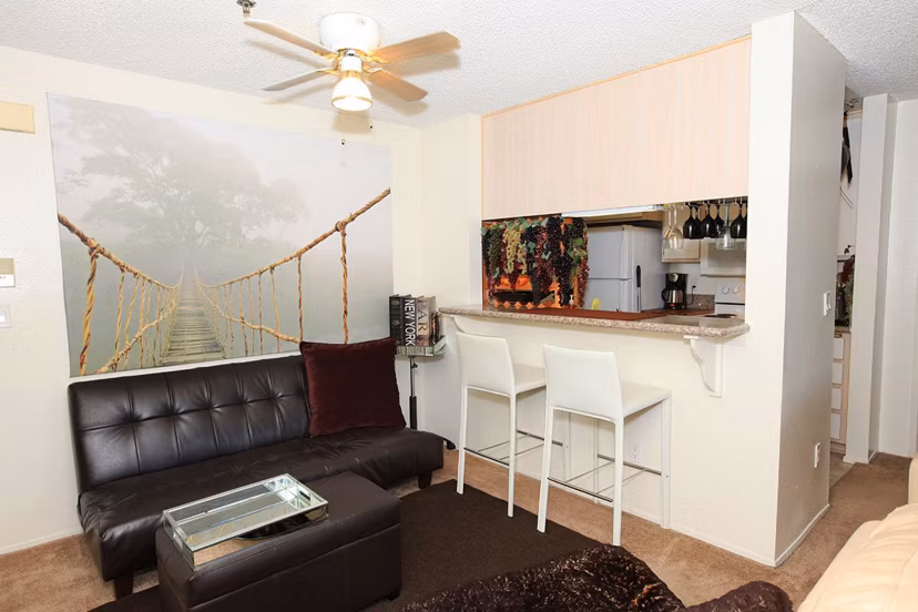 City View Apartments: Modern living room with elegant furnishings and large windows, offering stunning views in luxury apartments