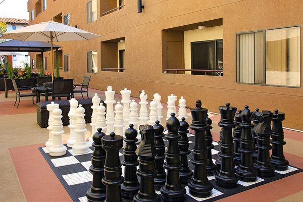 Chic patio with modern seating and city views at City View Apartments