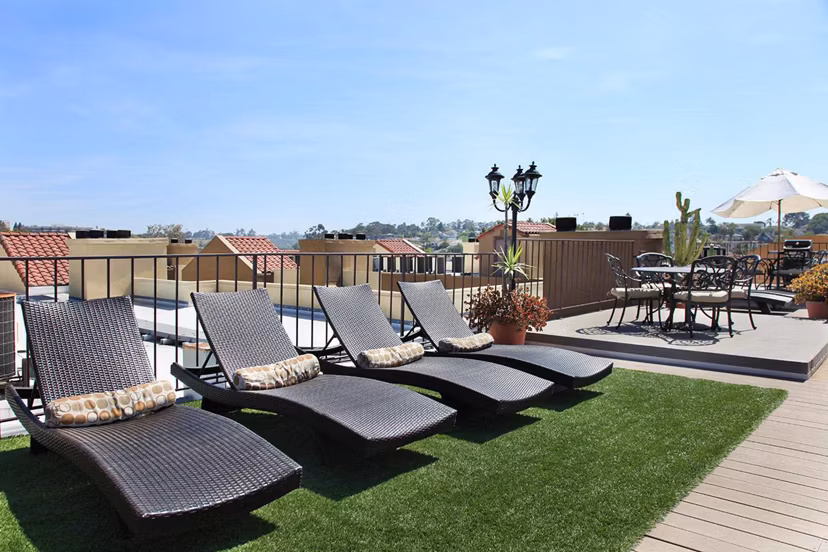 Spacious patio with outdoor seating at City View Apartments, luxury living by Greystar