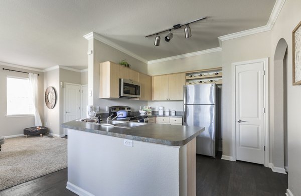 Kitchen with modern appliances and sleek countertops at Avana Thornton Station Apartments