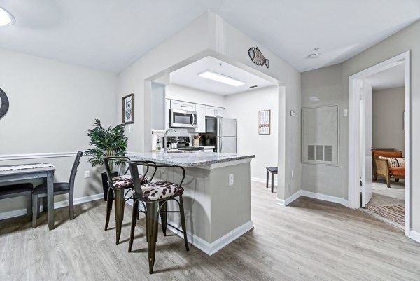 Dining room with elegant decor and modern furniture in Ellipse at Fairfax Corner Apartments, luxury living spaces