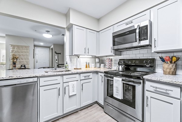 Ellipse at Fairfax Corner: Modern kitchen with stainless steel appliances and granite countertops in luxury apartment