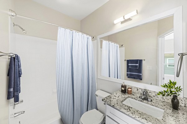 Stylish bathroom featuring modern fixtures at Townes at Herndon Apartments, offering luxury living and conveniences in a serene setting