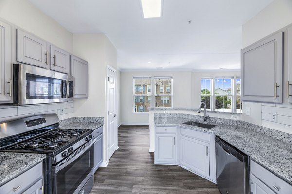 Modern kitchen with stainless steel appliances at Townes at Herndon Apartments