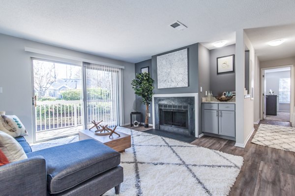 Contemporary living room with modern decor at Windsor at Fairlakes Apartments, showcasing comfortable seating and stylish design