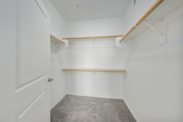Spacious closet with built-in shelving in the master bedroom at Indigo Apartments