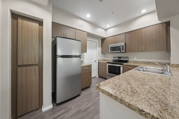 Modern kitchen with stainless steel appliances at Indigo Apartments, a luxury property by Greystar