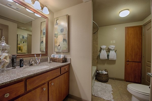 Bathroom with elegant white fixtures and modern design at Montage at Cinco Ranch Apartments