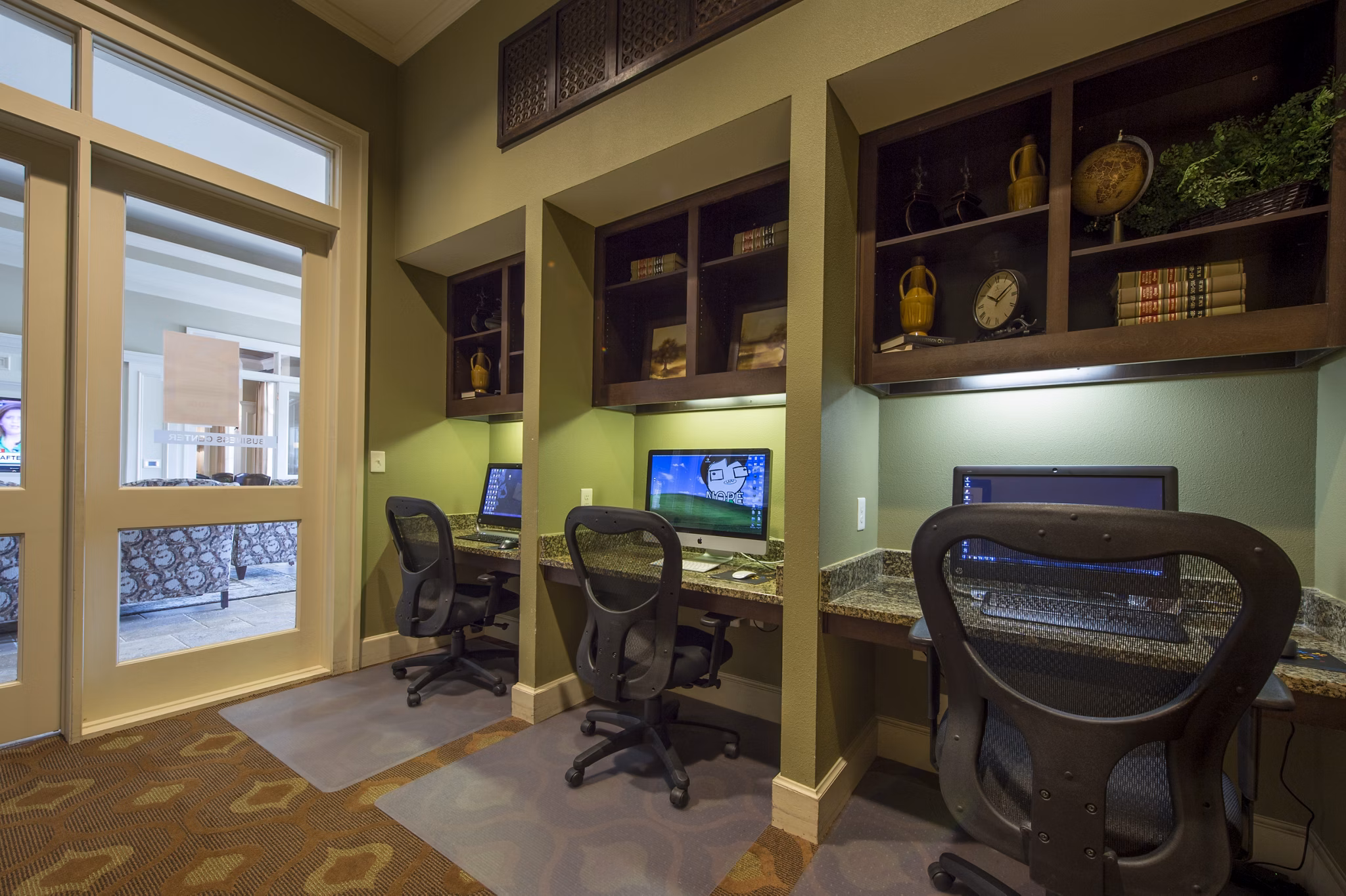 Business center with modern workstations at Montage at Cinco Ranch Apartments