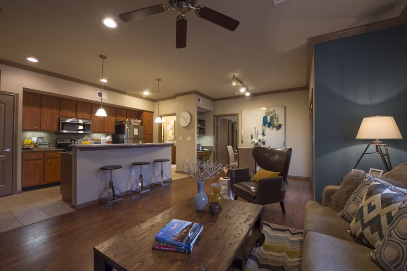 Living room with sleek modern decor at Montage at Cinco Ranch Apartments