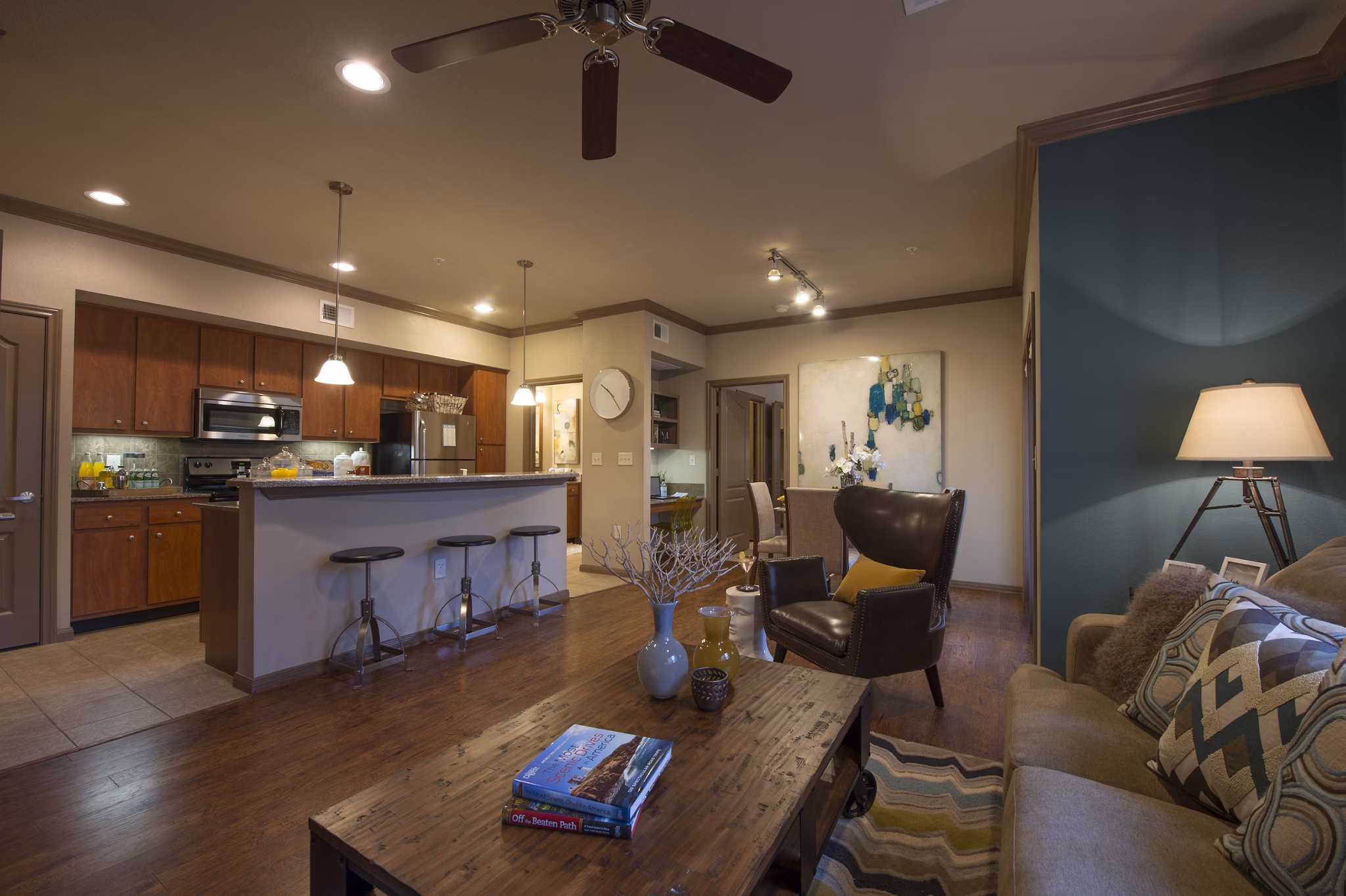 Living room with sleek modern decor at Montage at Cinco Ranch Apartments