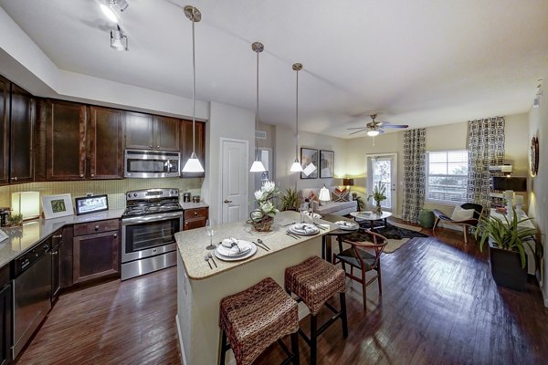 Modern kitchen with sleek appliances and granite countertops at 33 West Apartments, perfect for luxury living