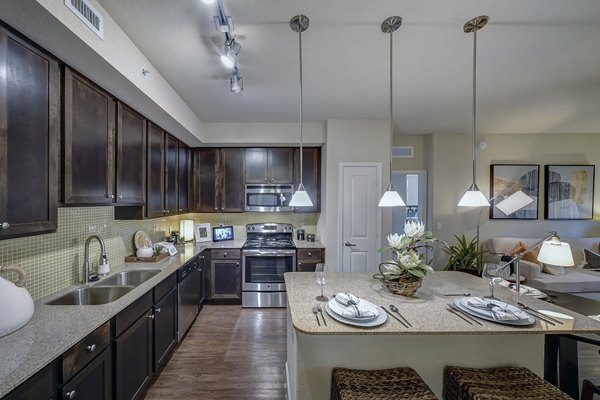 Modern kitchen with stainless steel appliances at 33 West Apartments