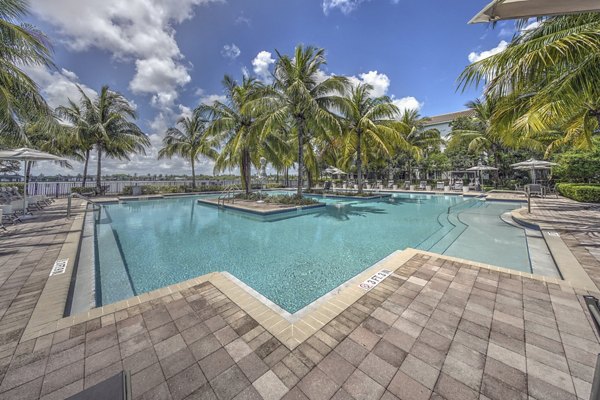 Rooftop pool with city skyline views at 33 West Apartments, a Greystar community