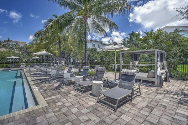 Infinity-edge pool at 33 West Apartments with lounge chairs and skyline view
