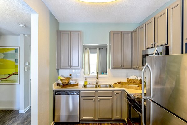 Modern kitchen with stainless steel appliances in Townhouse Atlanta apartments