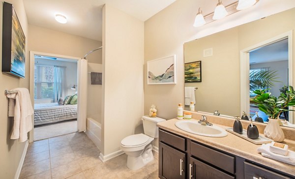 Modern bathroom with sleek fixtures at Element Carolina Bay Apartments
