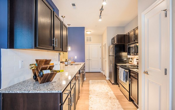 Modern kitchen with stainless steel appliances and granite countertops at Element Carolina Bay Apartments