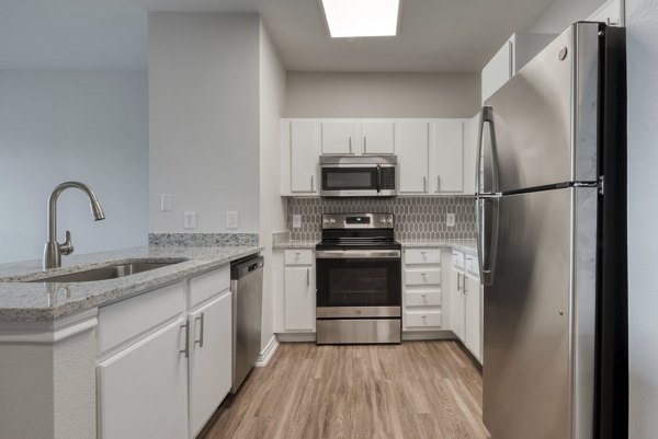 Modern kitchen featuring stainless steel appliances and granite countertops at Archer Stone Canyon Apartments