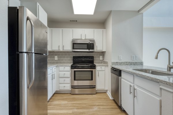 Modern kitchen featuring stainless steel appliances and granite countertops in Archer Stone Canyon Apartments