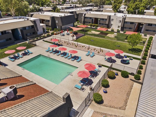 Scenic view from luxury Highland Park Apartments balcony overlooking city skyline