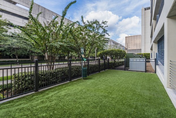 Expansive dog park with agility equipment at WaterWall Place Luxury Apartments