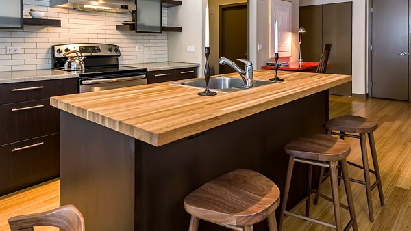 Modern kitchen with stainless steel appliances at The Granary Apartments, luxury living by Greystar