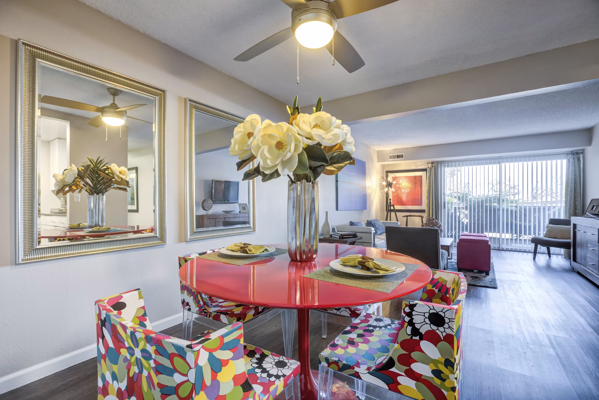 Modern dining area with elegant lighting and contemporary furniture at Park Kiely Apartments, a premier luxury community