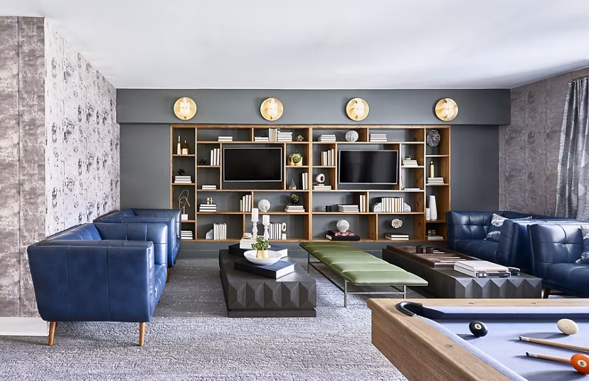 Contemporary clubhouse with modern design at Solis SouthPark Apartments, ideal for social gatherings and events