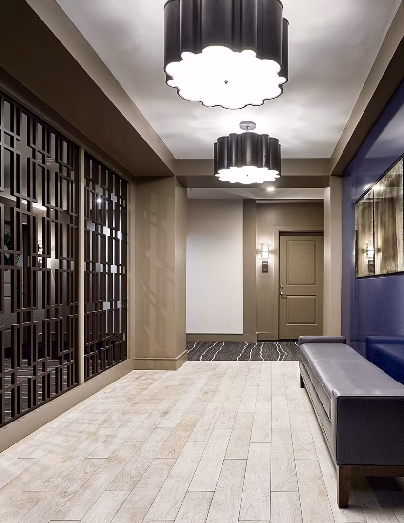 Contemporary hallway with elegant lighting at Solis SouthPark Apartments in Charlotte