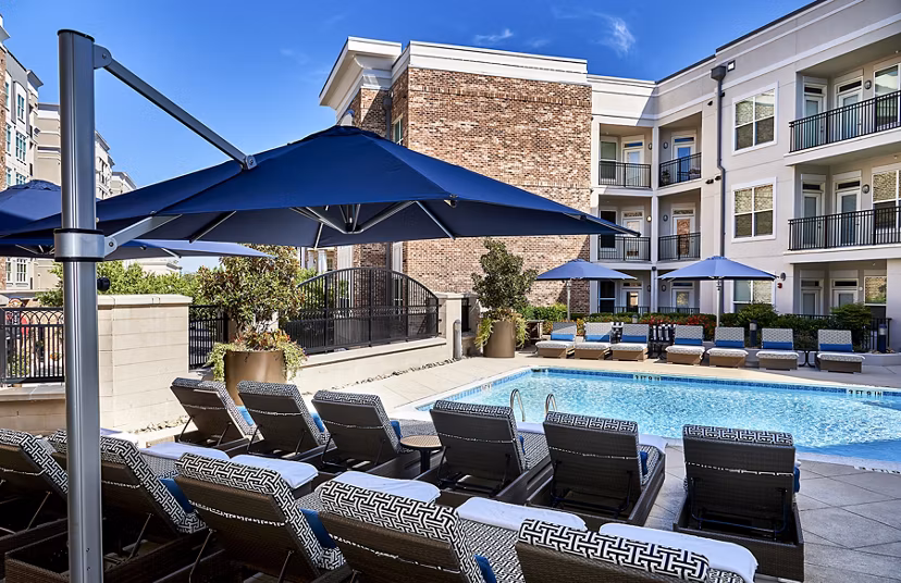 Pool with cabanas at Solis SouthPark Apartments in Charlotte